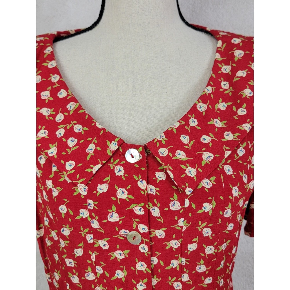 Vintage Sara Campbell Red Floral Midi Dress Petite 8P Button Front Rayon - Picture 4 of 14